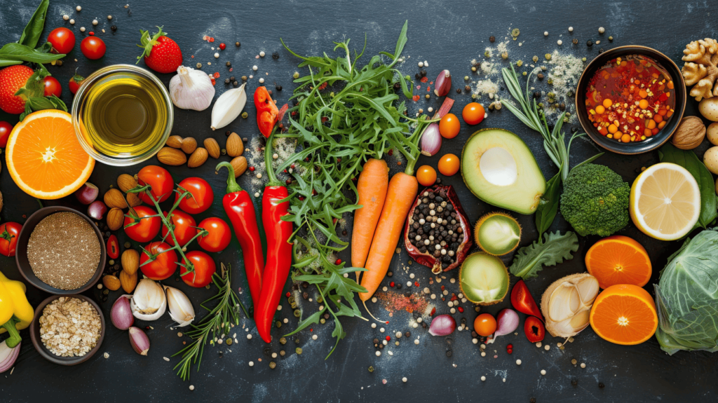 A cutting board with several fruits, vegetables, nuts and other immune boosting ingredients